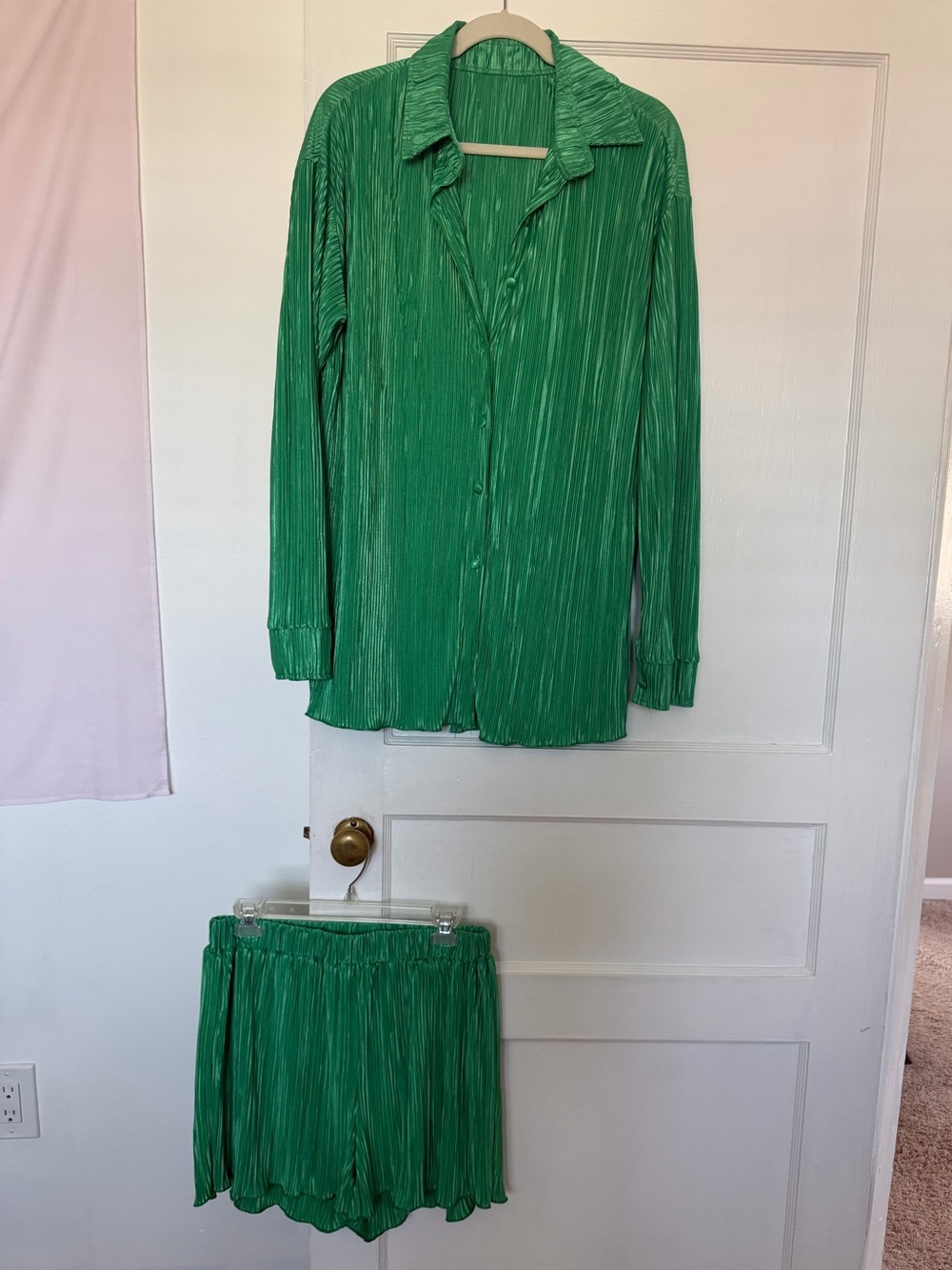 Green shorts and button up top set